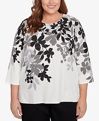 Alfred Dunner Plus Classic Shadow Leaf Three Quarter Sleeve Top