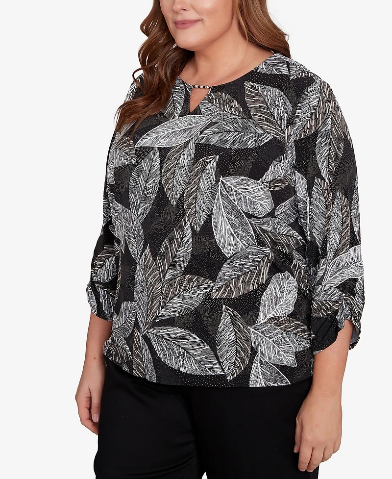 Alfred Dunner Plus Classic Puff Print Leaf Keyhole Neck Top