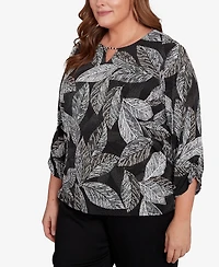 Alfred Dunner Plus Classic Puff Print Leaf Keyhole Neck Top