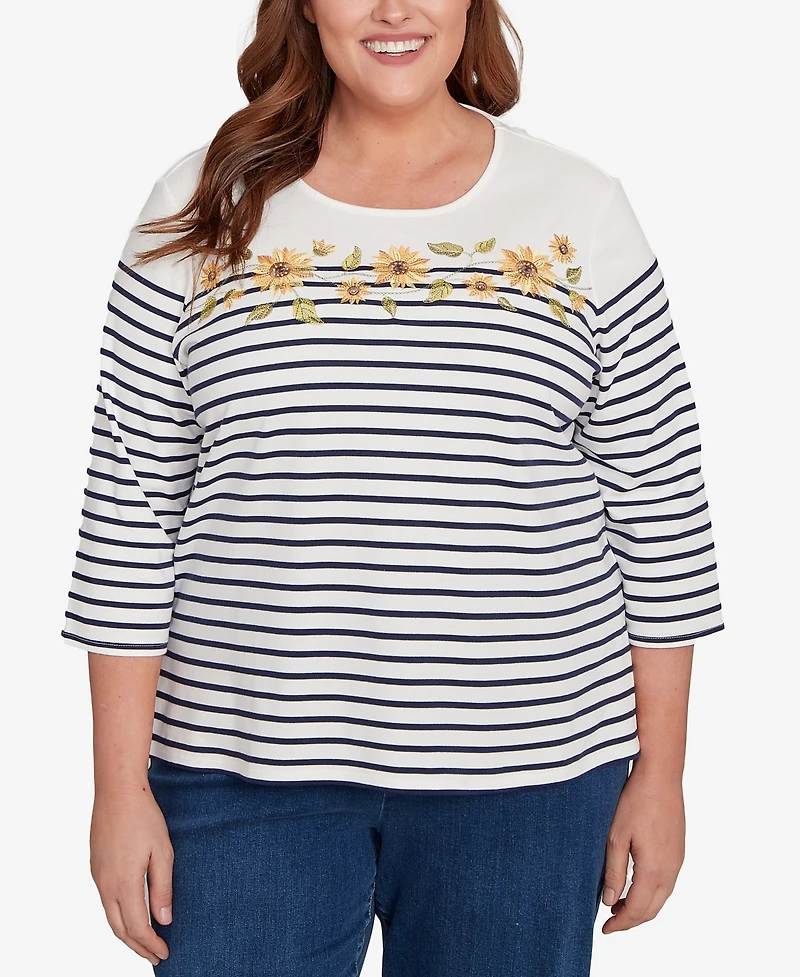 Alfred Dunner Plus Classic Sunflower Neckline Striped Top