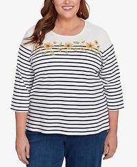 Alfred Dunner Plus Classic Sunflower Neckline Striped Top