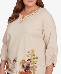 Alfred Dunner Plus Classic Scarecrow Bordered Keyhole Neck Top