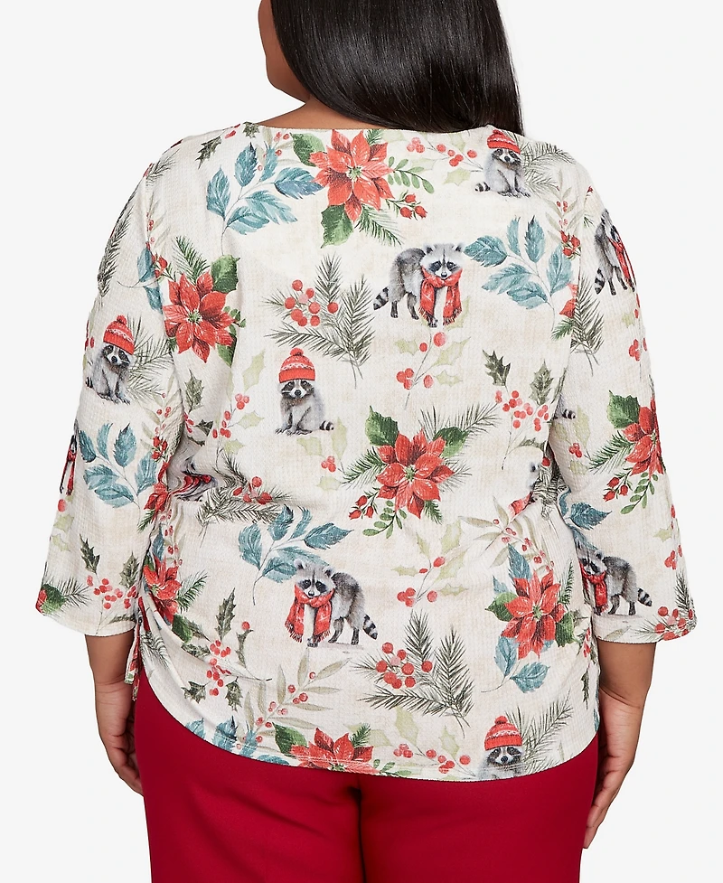 Alfred Dunner Plus Classic Holiday Poinsettias Crew Neck Top