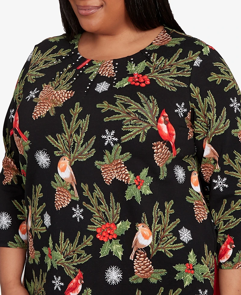 Alfred Dunner Plus Classic Cardinals And Pinecones Embellished Crew Neck Top