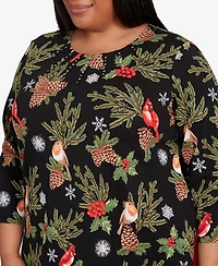 Alfred Dunner Plus Classic Cardinals And Pinecones Embellished Crew Neck Top