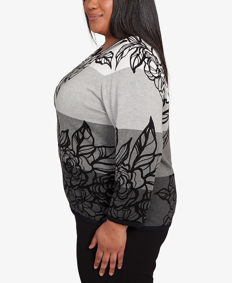 Alfred Dunner Plus Classic Ombre Floral Block Stripe Sweater