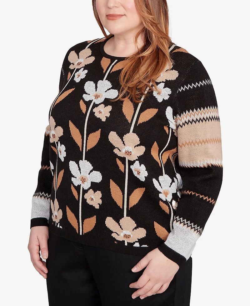 Alfred Dunner Plus Classic Vertical Flower Zig Zag Sweater