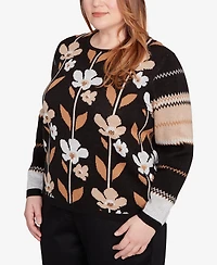 Alfred Dunner Plus Classic Vertical Flower Zig Zag Sweater