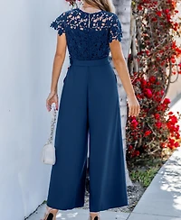 Cupshe Women's Lace Short Sleeve Belted Jumpsuit