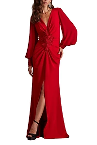 Tadashi Shoji Women's Sahana Bishop Sleeve Plunge Gown