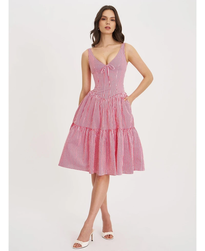 Miss Circle Women's Oceana Red Candy Stripe Drop Waist Midi Dress