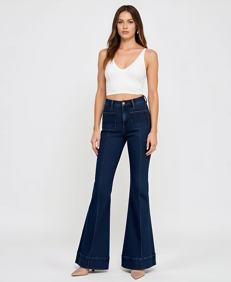 Modenaire Women's High Waist Flare Cuffed Hem Patch Pocket Jeans