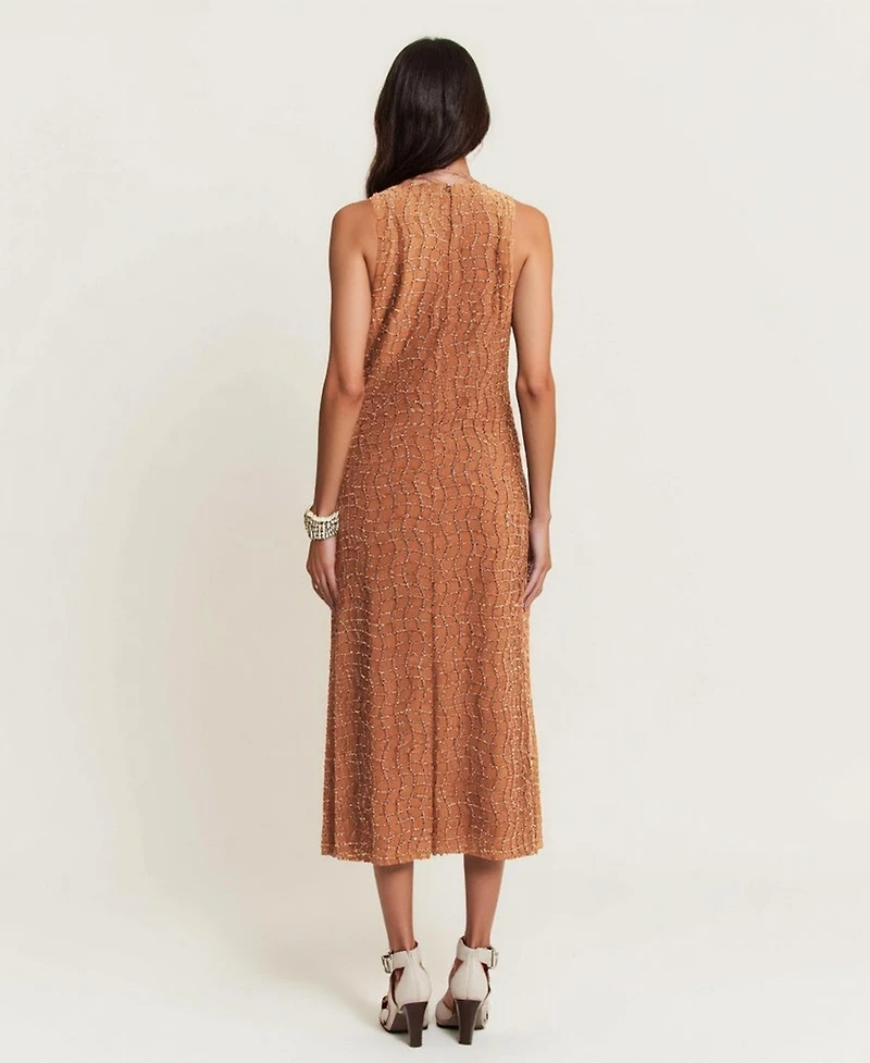 Modenaire Women's Hand-Embellished Sleeveless Mesh Sequin Midi Dress