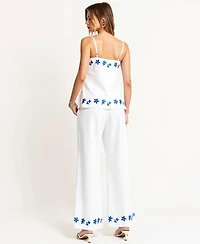 Modenaire Women's Embroidered Floral Hem Camisole and Wide-Leg Pant Set