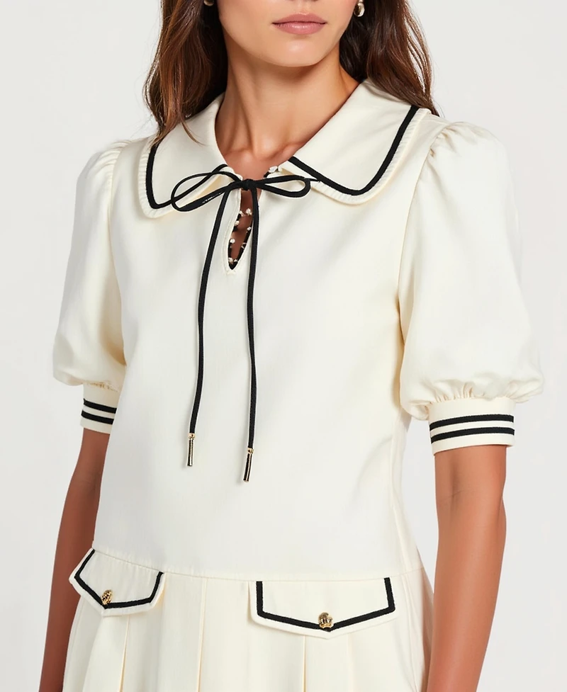 Modenaire Women's Pleated Contrast Collar Bow Tie Mini Dress