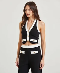 Modenaire Women's Two-Piece Halter Crop Top and Wide-Leg Pant Set