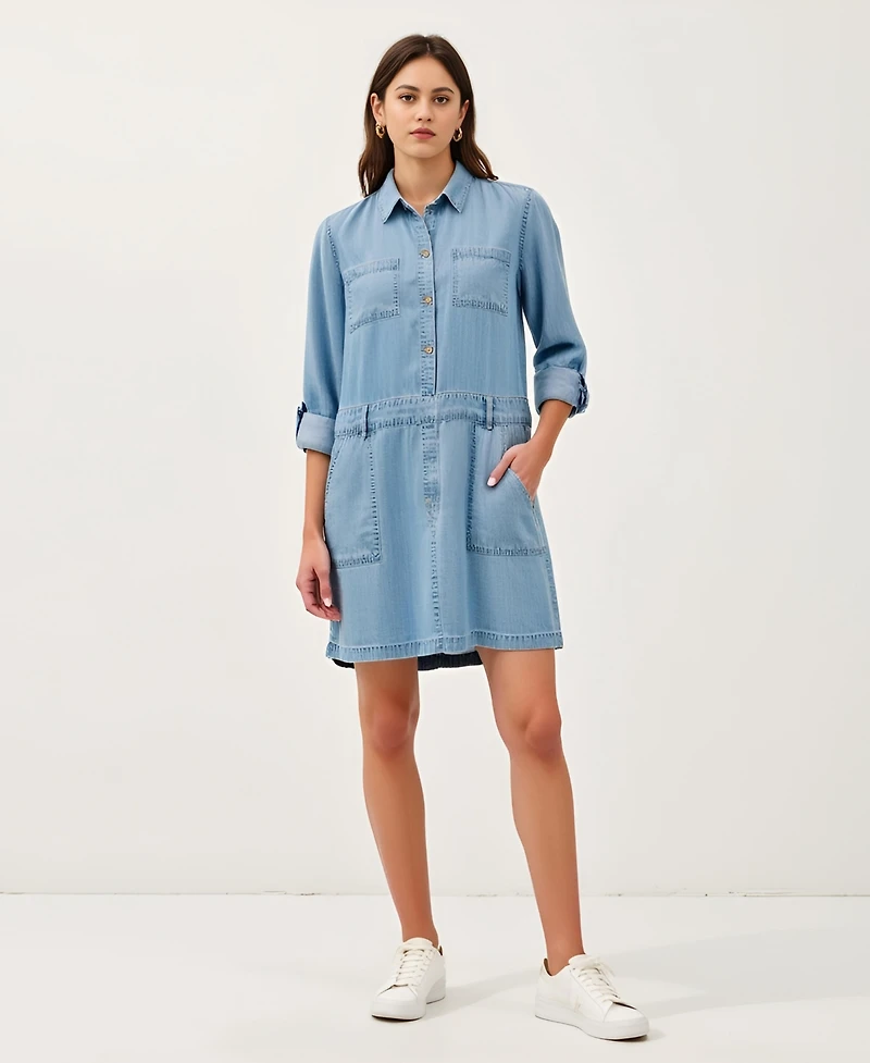 Modenaire Women's Button-Front Denim Mini Dress with Pockets