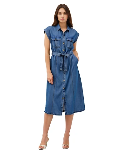 Modenaire Women's Sleeveless Button-Front Tie-Waist Midi Shirt Dress