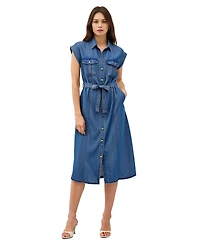Modenaire Women's Sleeveless Button-Front Tie-Waist Midi Shirt Dress