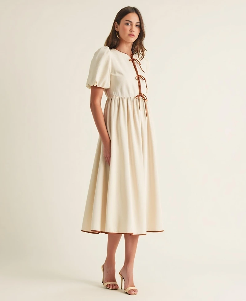 Modenaire Women's Puff Sleeve Contrast Tie Midi Dress