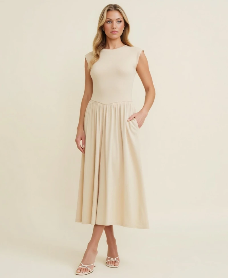Modenaire Women's Cap Sleeve Knit Bodice Midi Dress with Pockets