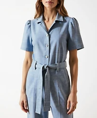 Modenaire Women's Paisley Print Belted Short Sleeve Button Front Jumpsuit