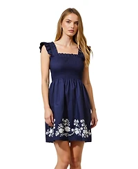 Modenaire Women's Smocked Ruffle Strap Floral Embroidery Mini Dress