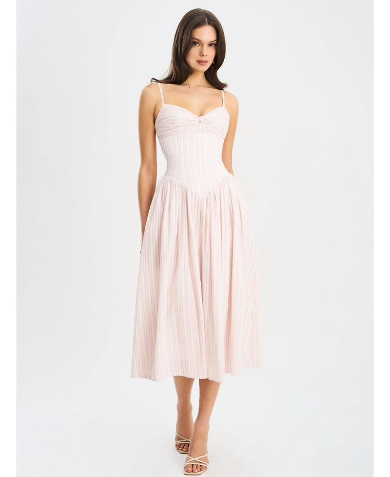 Miss Circle Women's Zania Pink Stripe Ruched Breast Cotton Jacquard Midi Dress