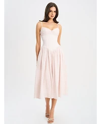 Miss Circle Women's Zania Pink Stripe Ruched Breast Cotton Jacquard Midi Dress