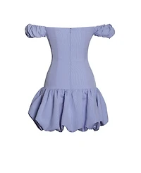 Miss Circle Women Sablee Checkered Puffy Off Shoulder Trim Bubble Hem Mini Dress