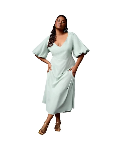 June + Vie Women's Plus Puff-Sleeve Babydoll Maxi Dress