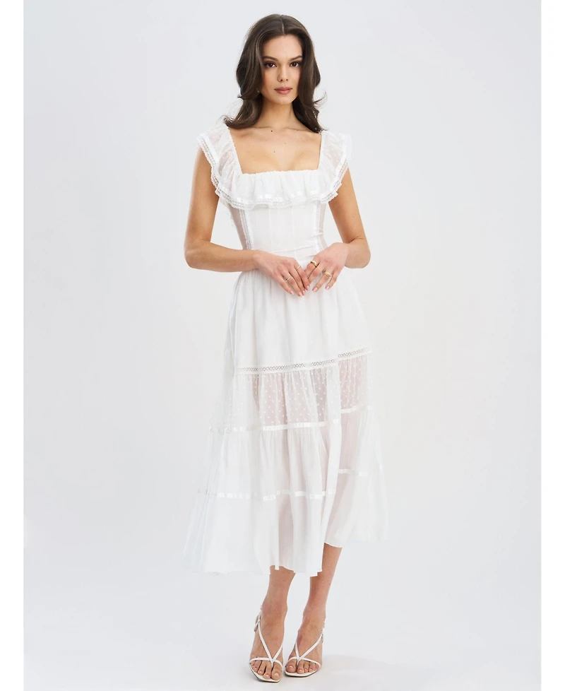 Miss Circle Women Eden Square Neck Ruffle Trim High Waist Midi Dress