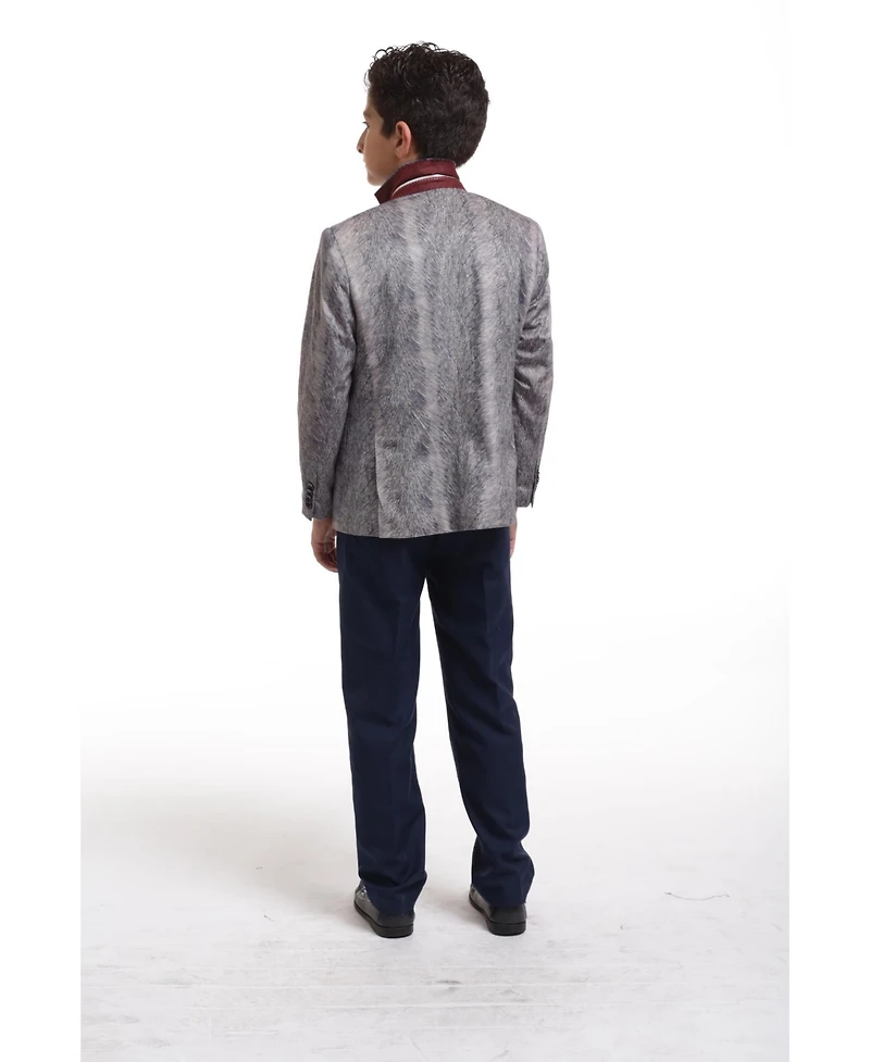Elie Balleh Boys Silver Slim Fit Printed Velvet Blazer
