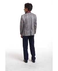 Elie Balleh Boys Silver Slim Fit Printed Velvet Blazer