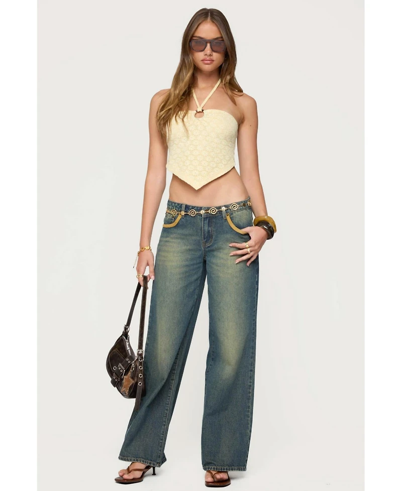 Edikted Women's Faux Suede Star Low Rise Jeans