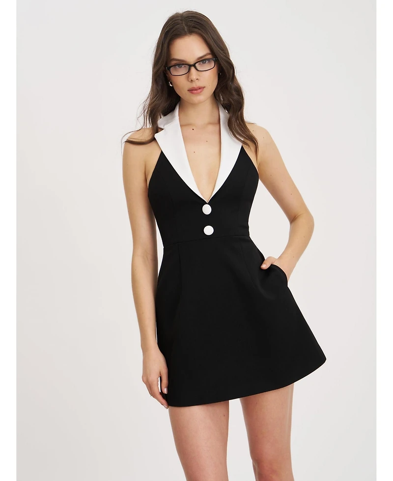 Miss Circle Women Ignacia Office Casual Black and White Halter Mini A-line Dress