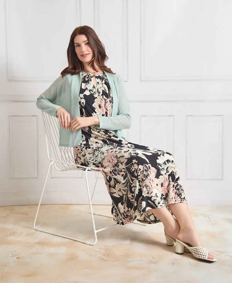 Kasper Women's Floral-Print Pleated-Neck Keyhole Midi Dress, Regular & Petite