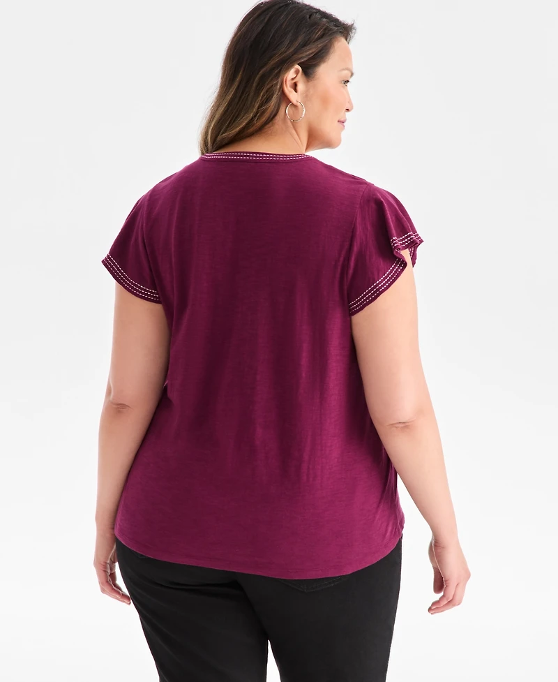 Style & Co Plus Embroidered Flutter-Sleeve Knit Top, Macy's Exclusive