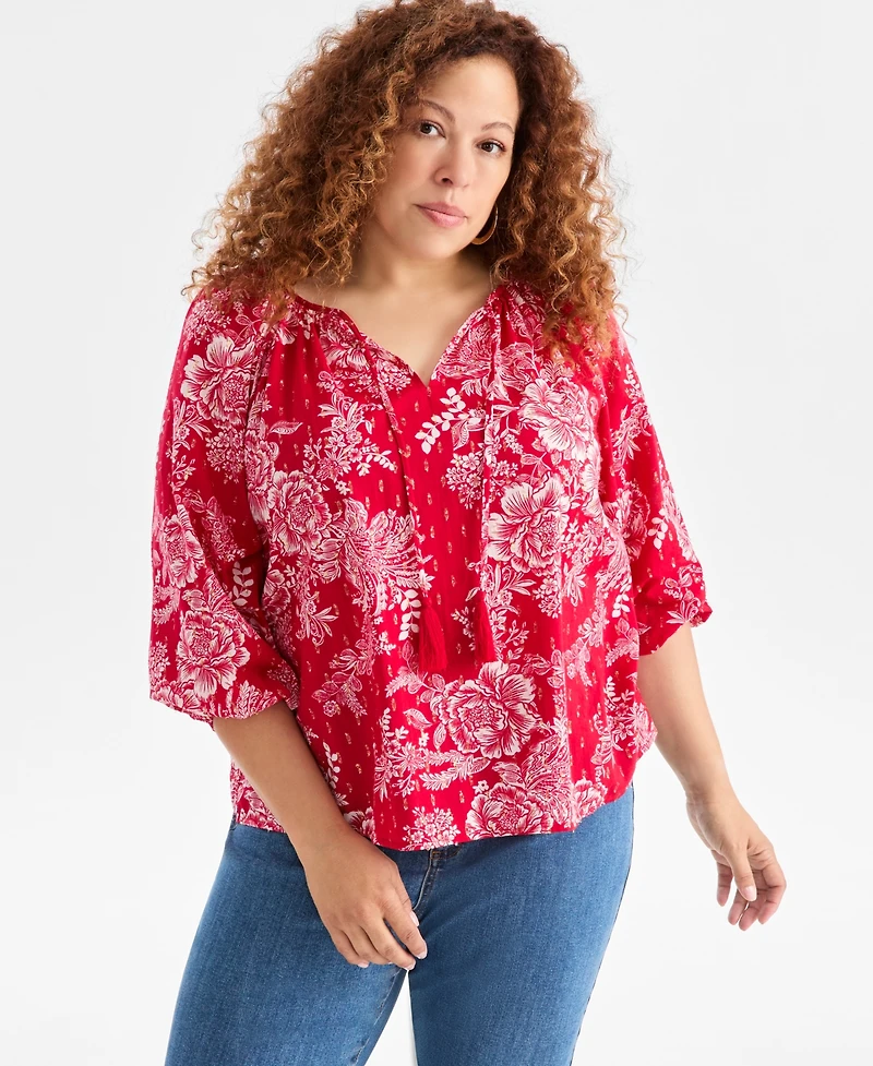 Style & Co Plus V-Neck Printed Bubble-Sleeve Blouse, Macy's Exclusive