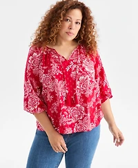 Style & Co Plus V-Neck Printed Bubble-Sleeve Blouse, Macy's Exclusive