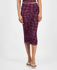Bar Iii Women's Plaid Mesh Ruched Bodycon Midi Skirt, Macy's Exclusive