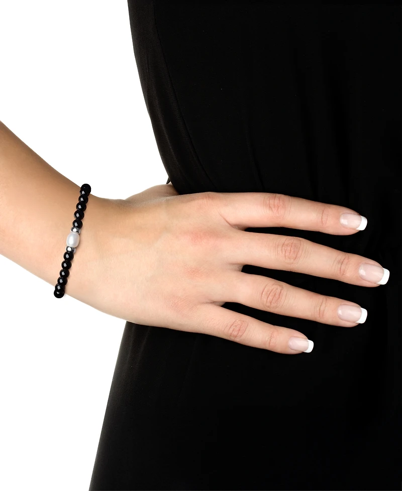 Onyx & Cultured Freshwater Pearl (7-8mm) Stretch Bracelet Sterling Silver (Also Rose Quartz)