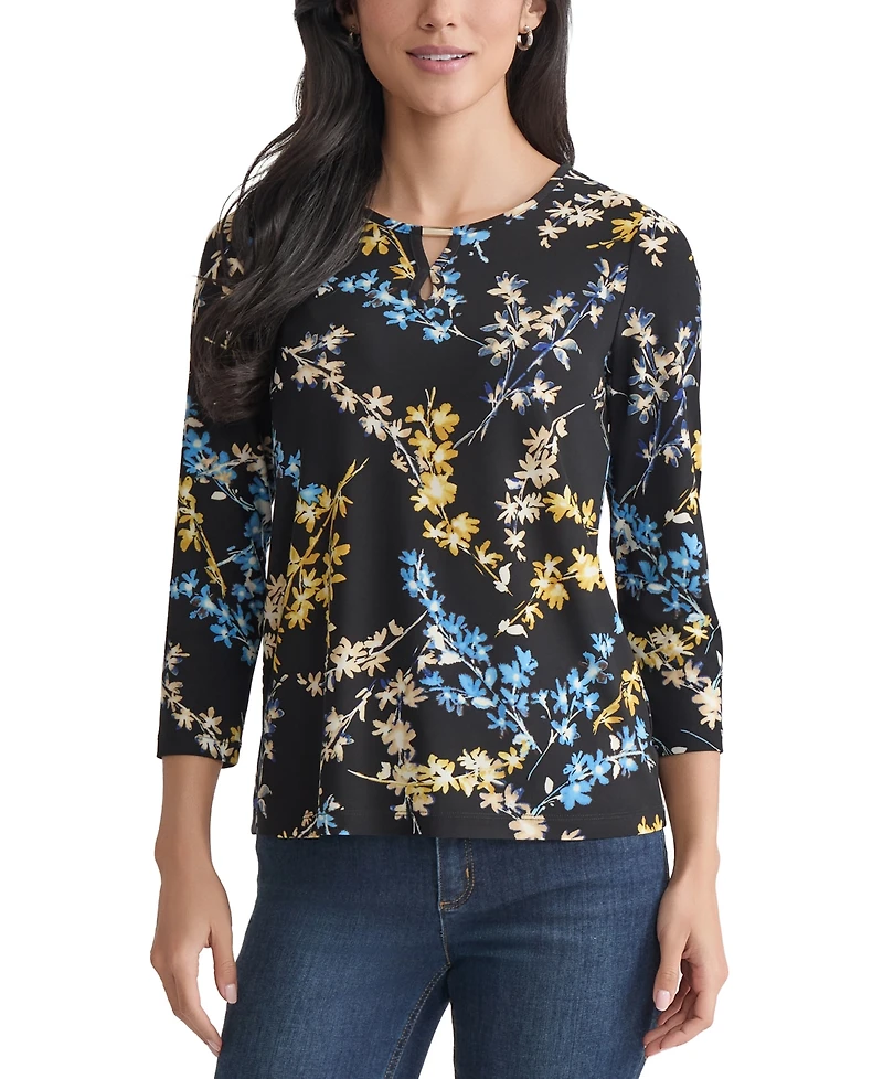 Jones New York Petite Floral-Print Keyhole Top
