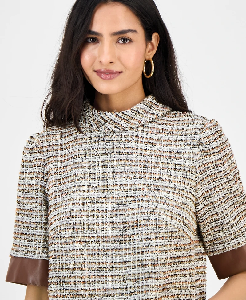 julia jordan Women's Faux-Leather-Trim Tweed Shift Dress
