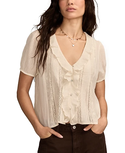 Lucky Brand Women's Ruffle-Front Pintuck Short-Sleeve Cotton Blouse