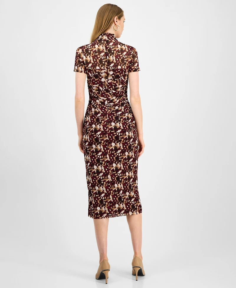 Bar Iii Women's Printed-Mesh Mock-Neck Midi Dress, Macy's Exclusive
