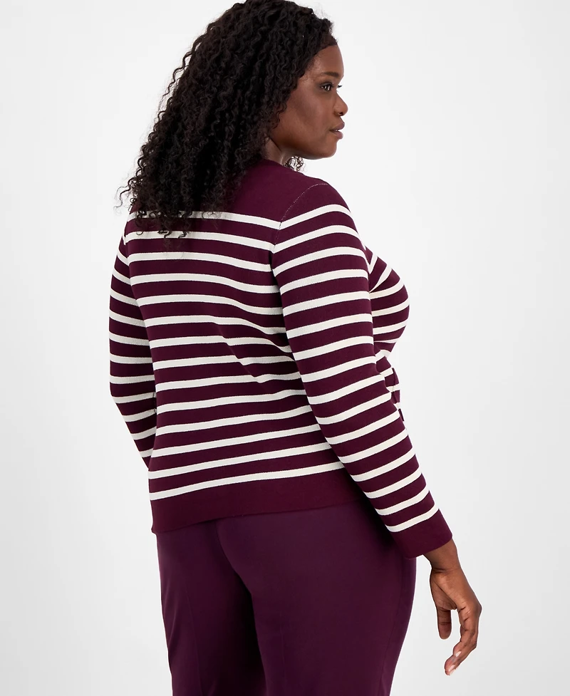 Tahari Asl Plus Scoop-Neck Striped Cardigan