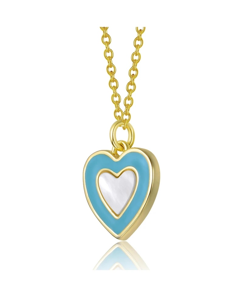14K Gold-Plated with Mother-of-Pearl & Sky Blue Enamel Inlay Heart Pendant Necklace