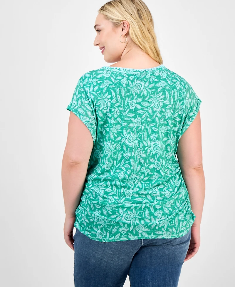 Democracy Trendy Plus Printed Side-Shirred Cap-Sleeve Top