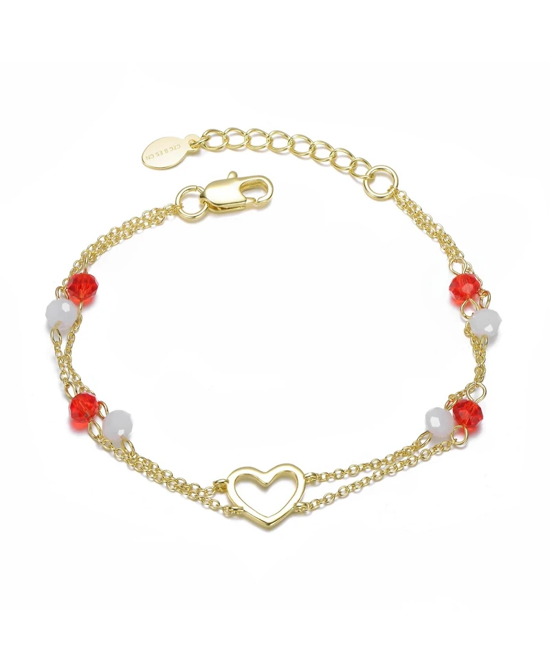 GiGiGirl 14K Gold-Plated with Red & White Beads Double Chain Open Heart Bracelet